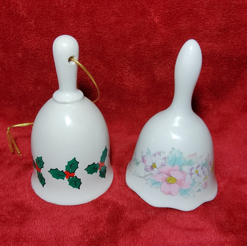 Vintage Lot of 2 Hand Bells Dinner Bells Christmas Holly & Floral Roses Morning